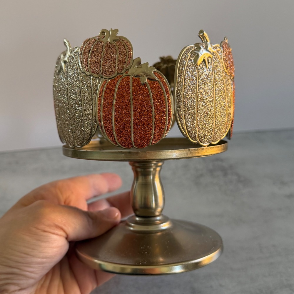 Bath & Body Works Glitter Pumpkin Pedestal 3-Wick Candle Holder Gold Orange